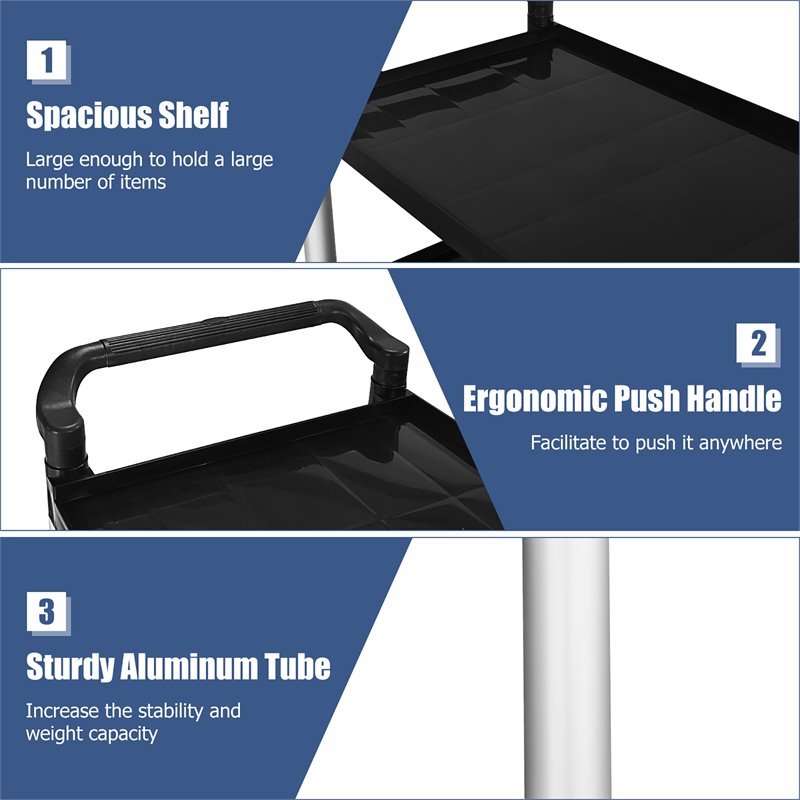Costway 3-Shelf Contemporary Aluminum Utility Service Cart with Casters in Black
