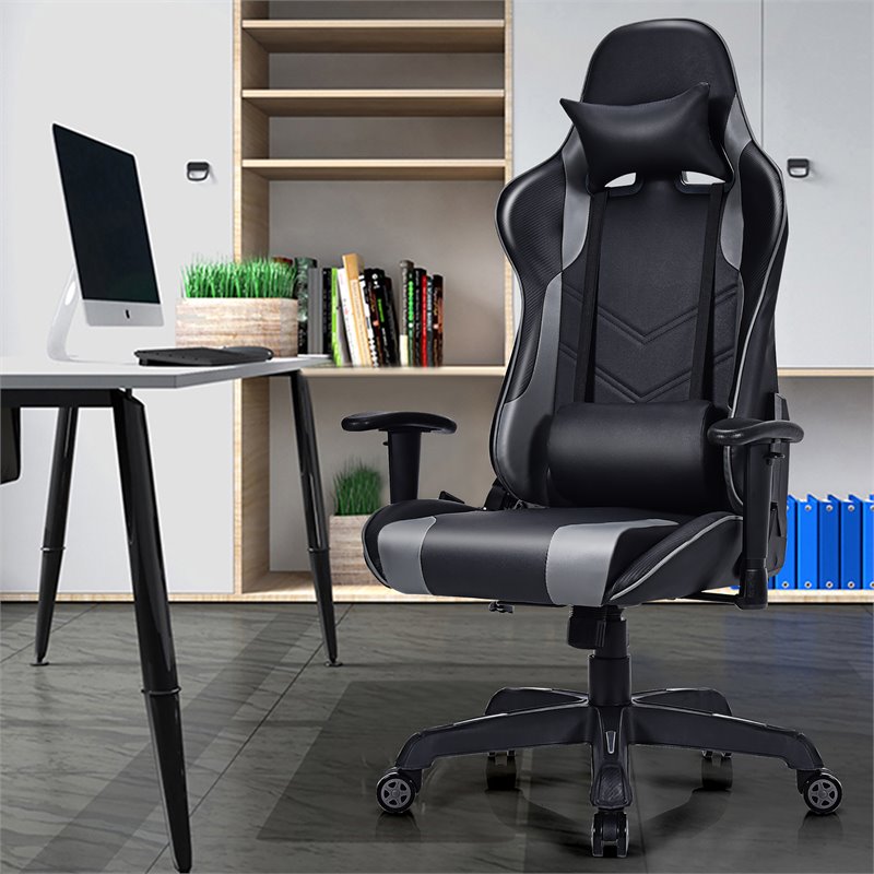 Costway Contemporary Plastic Massage Gaming Chair with Lumbar Support in Gray