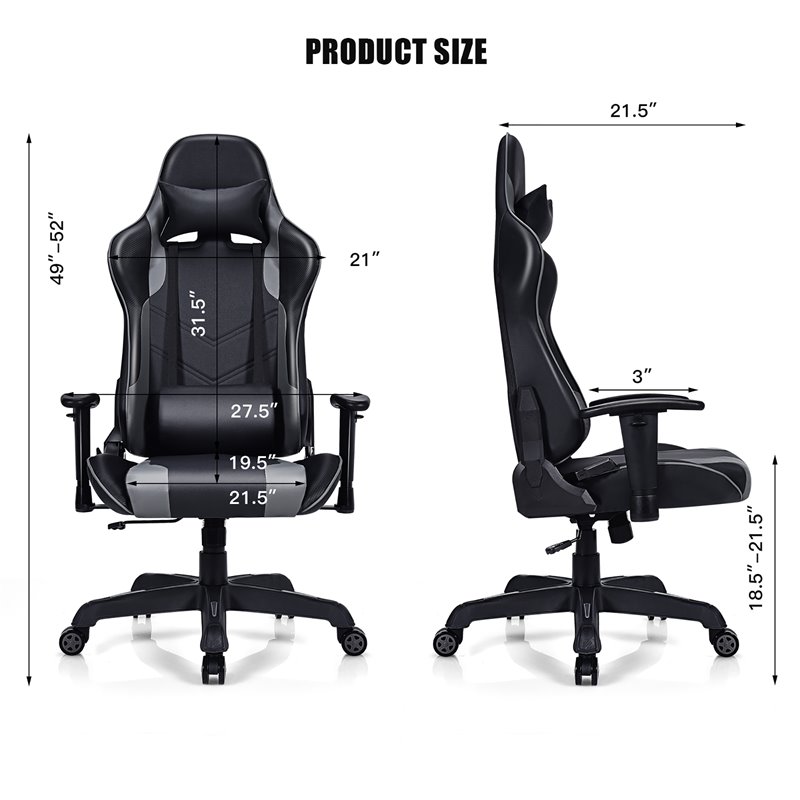 Costway Contemporary Plastic Massage Gaming Chair with Lumbar Support in Gray