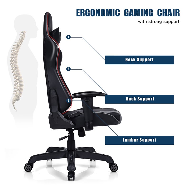 Costway Contemporary Plastic Massage Gaming Chair with Lumbar Support in Gray