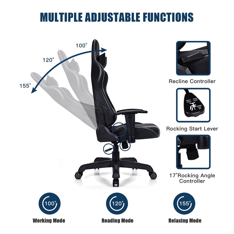 Costway Contemporary Plastic Massage Gaming Chair with Lumbar Support in Gray
