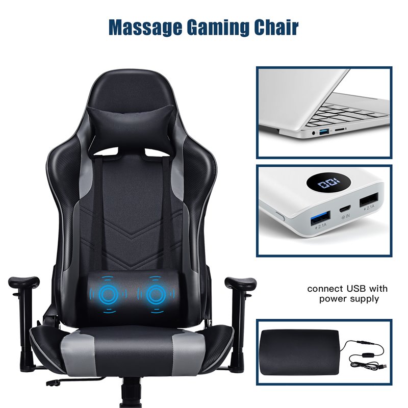 Costway Contemporary Plastic Massage Gaming Chair with Lumbar Support in Gray