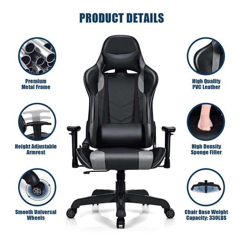 Costway Contemporary Plastic Massage Gaming Chair with Lumbar Support in Gray