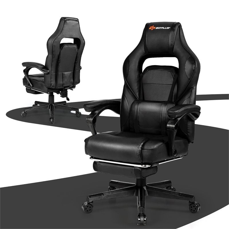 Costway Contemporary PVC and Sponge Massage Gaming Chair with Footrest in Black