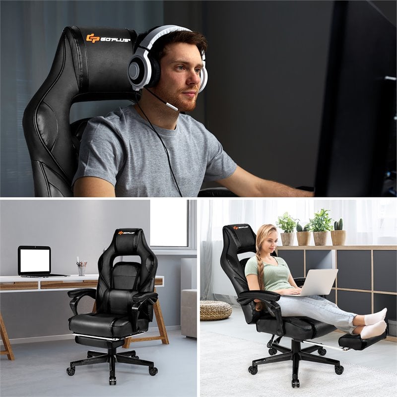 Costway Contemporary PVC and Sponge Massage Gaming Chair with Footrest in Black