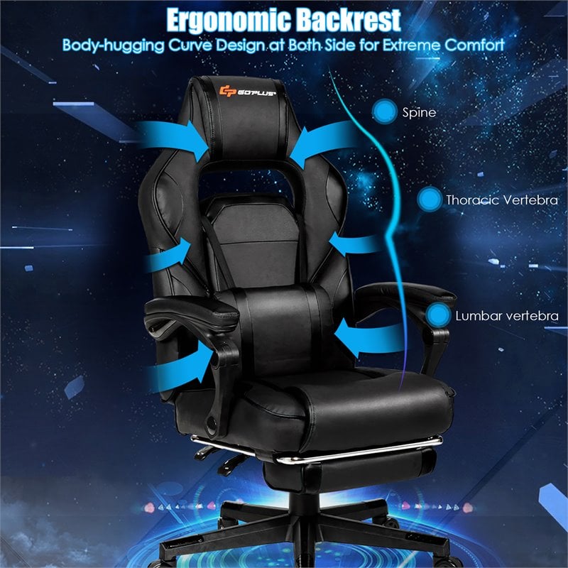 Costway Contemporary PVC and Sponge Massage Gaming Chair with Footrest in Black