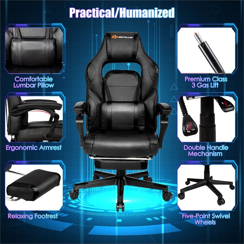 Costway Contemporary PVC and Sponge Massage Gaming Chair with Footrest in Black