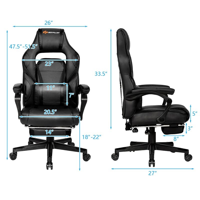 Costway Contemporary PVC and Sponge Massage Gaming Chair with Footrest in Black