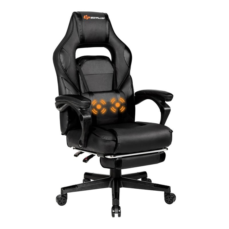 Costway Contemporary PVC and Sponge Massage Gaming Chair with Footrest in Black