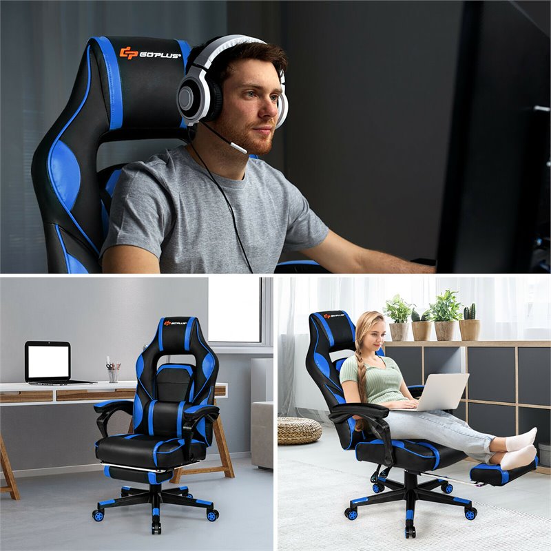 Costway Contemporary PVC and Sponge Massage Gaming Chair with Footrest in Blue