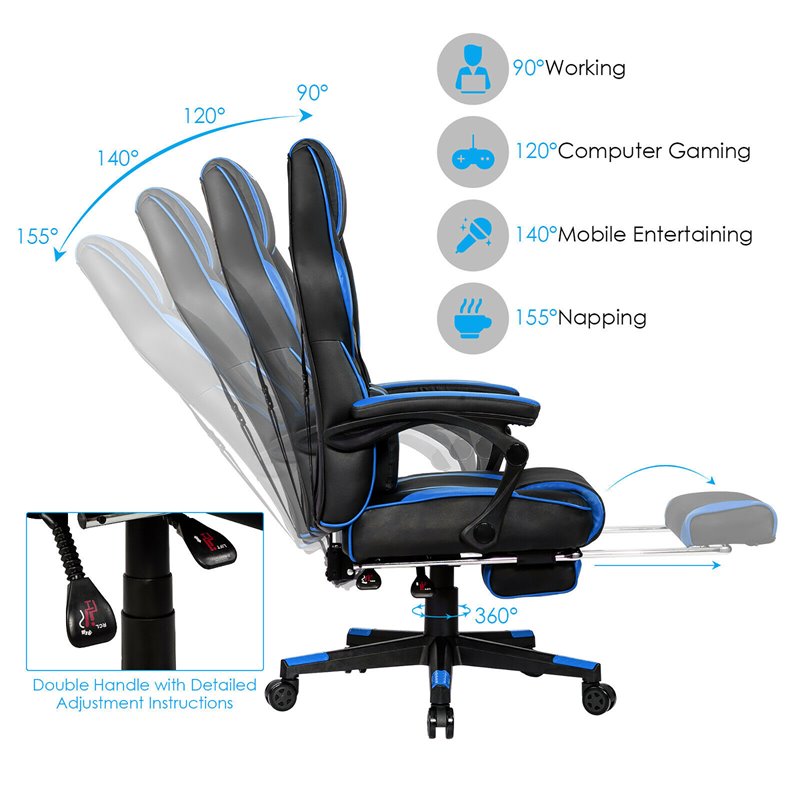 Costway Contemporary PVC and Sponge Massage Gaming Chair with Footrest in Blue
