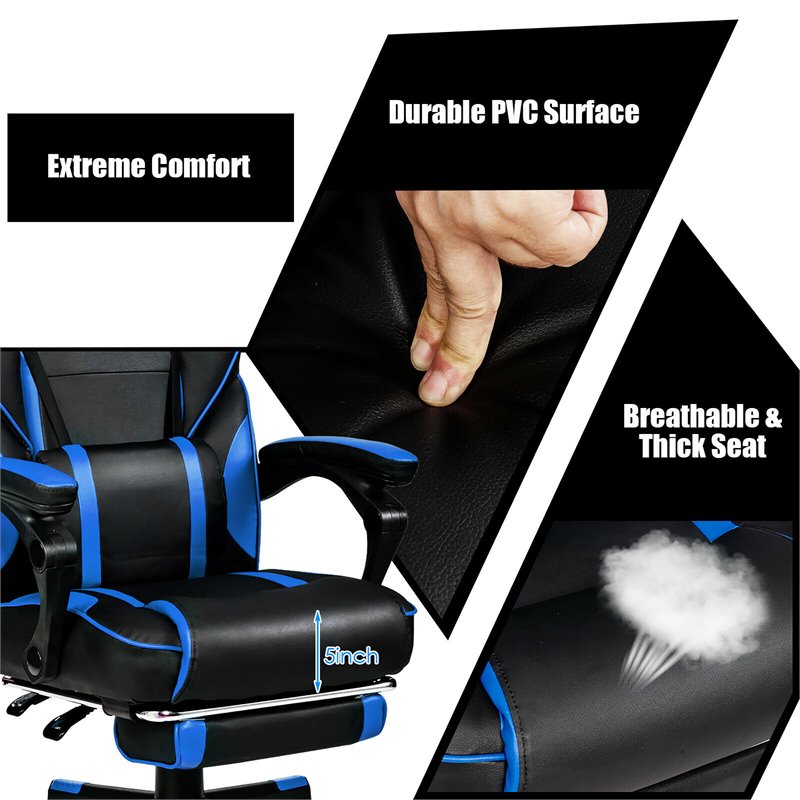 Costway Contemporary PVC and Sponge Massage Gaming Chair with Footrest in Blue