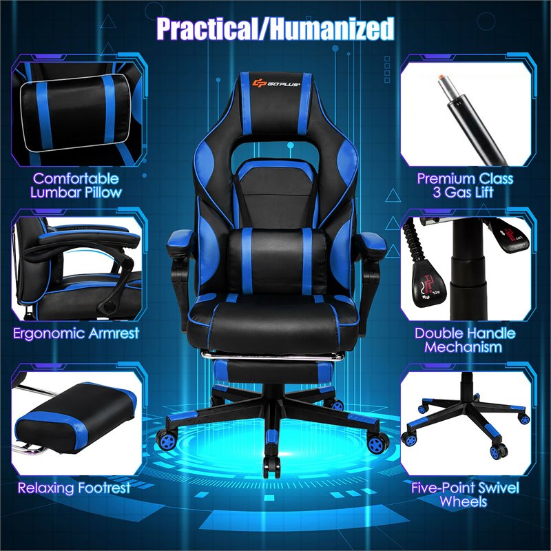 Costway Contemporary PVC and Sponge Massage Gaming Chair with Footrest in Blue