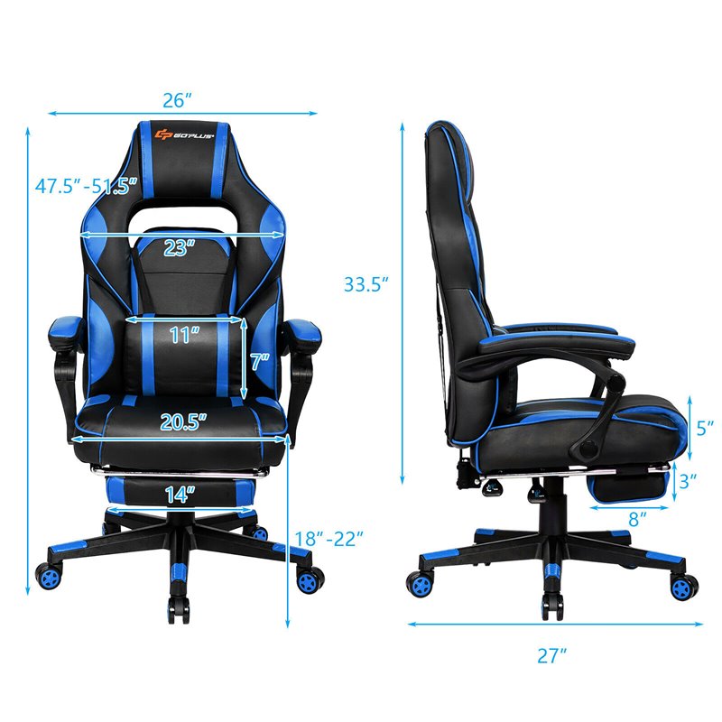 Costway Contemporary PVC and Sponge Massage Gaming Chair with Footrest in Blue