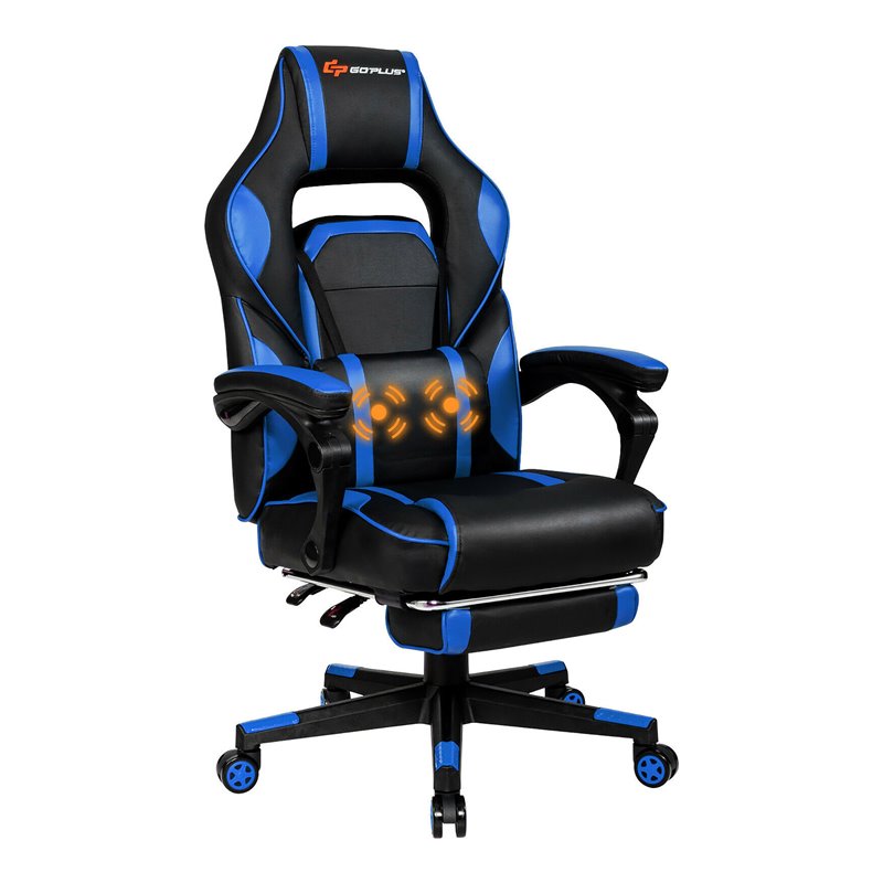 Costway Contemporary PVC and Sponge Massage Gaming Chair with Footrest in Blue