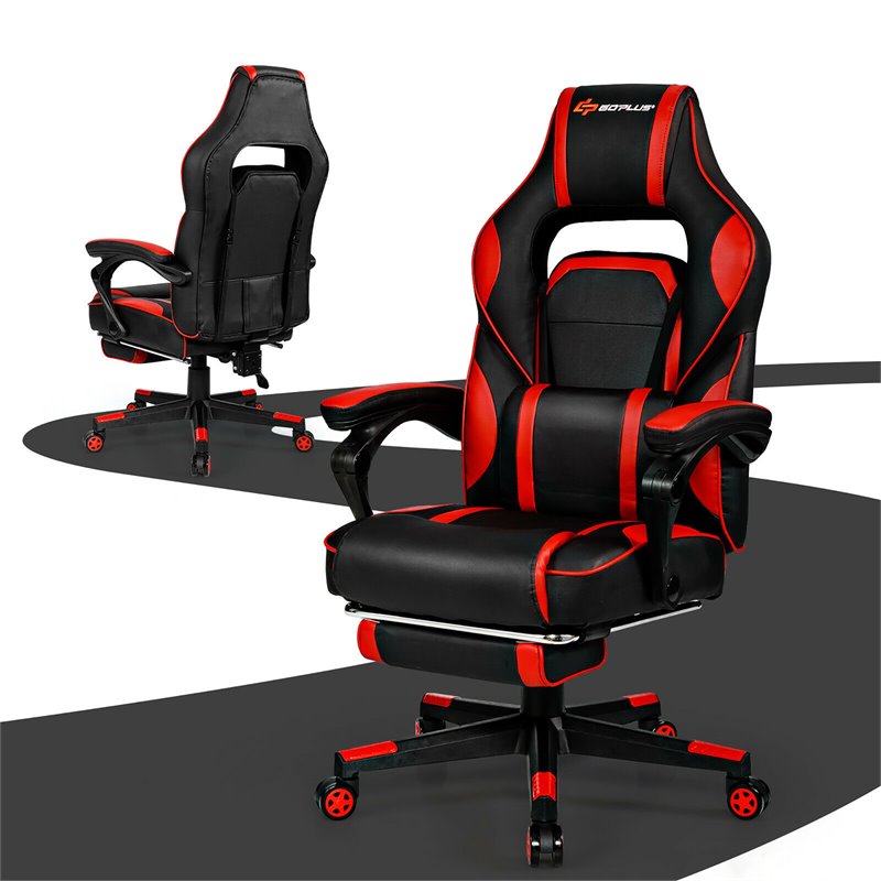 Costway Contemporary PVC and Sponge Massage Gaming Chair with Footrest in Red