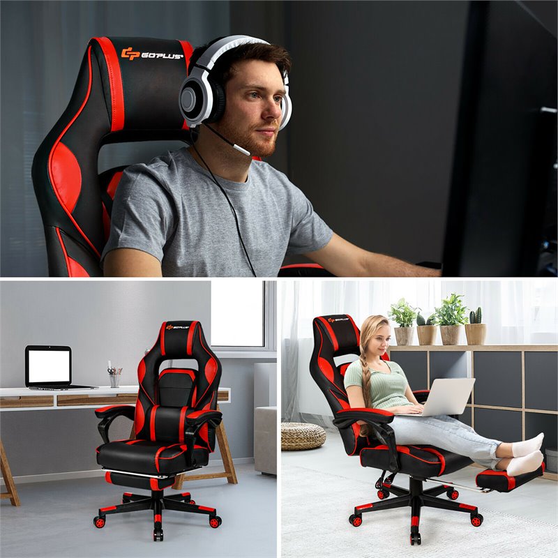 Costway Contemporary PVC and Sponge Massage Gaming Chair with Footrest in Red