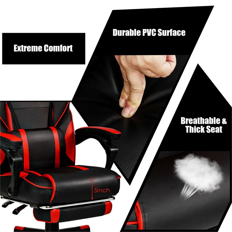 Costway Contemporary PVC and Sponge Massage Gaming Chair with Footrest in Red