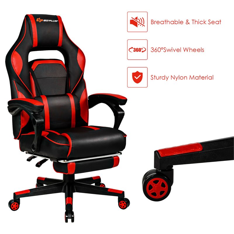Costway Contemporary PVC and Sponge Massage Gaming Chair with Footrest in Red