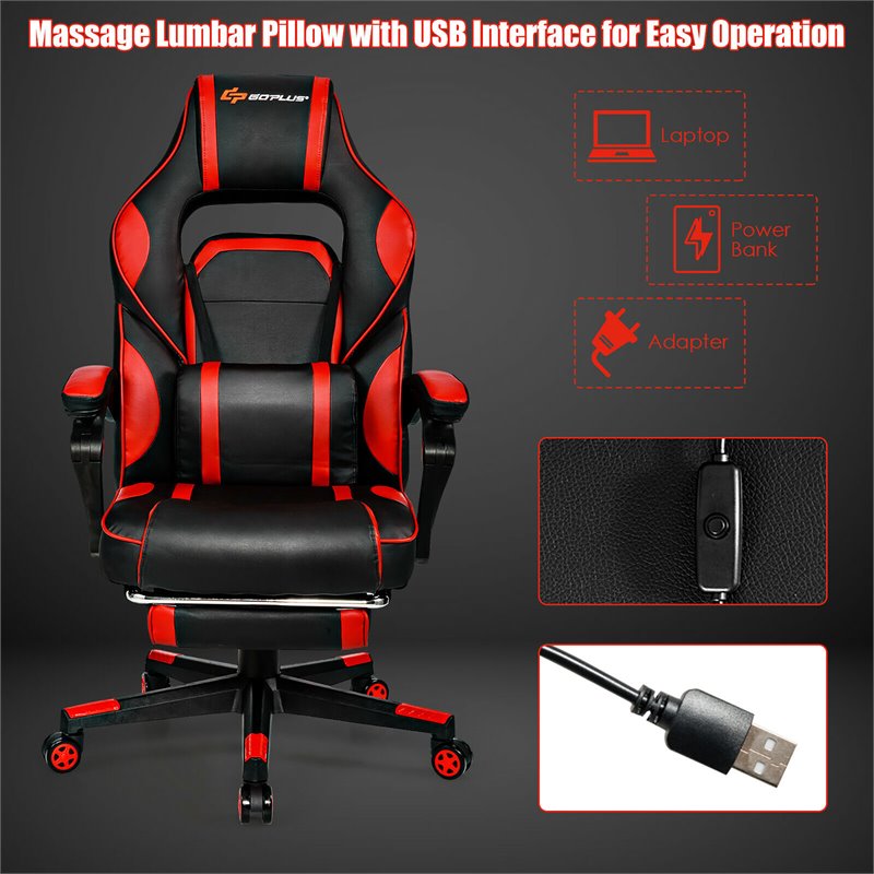 Costway Contemporary PVC and Sponge Massage Gaming Chair with Footrest in Red