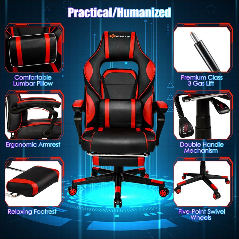 Costway Contemporary PVC and Sponge Massage Gaming Chair with Footrest in Red