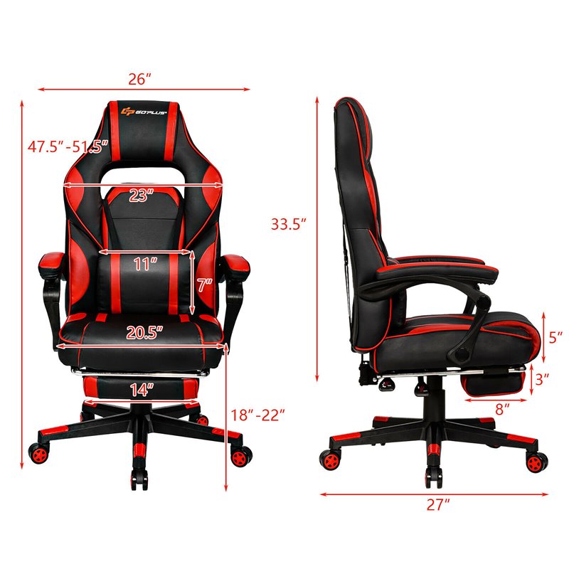 Costway Contemporary PVC and Sponge Massage Gaming Chair with Footrest in Red