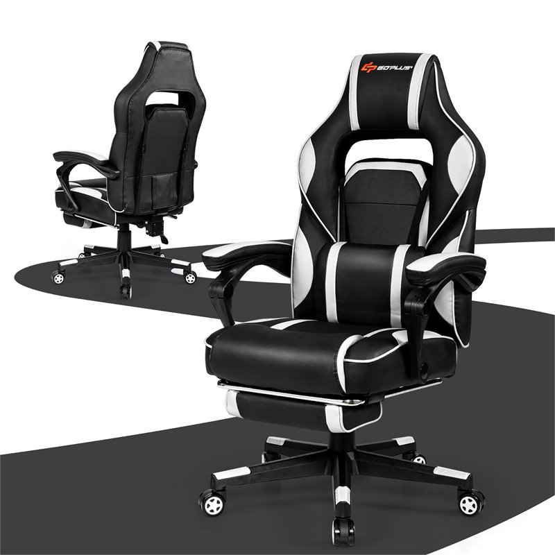 Costway Contemporary PVC and Sponge Massage Gaming Chair with Footrest in White
