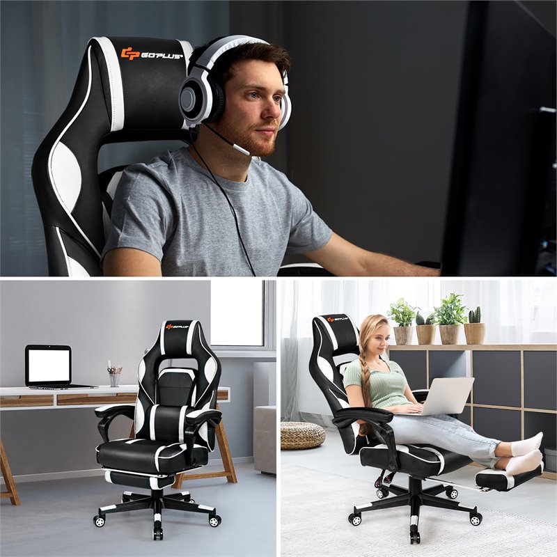 Costway Contemporary PVC and Sponge Massage Gaming Chair with Footrest in White