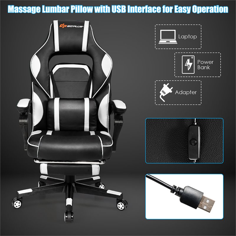 Costway Contemporary PVC and Sponge Massage Gaming Chair with Footrest in White
