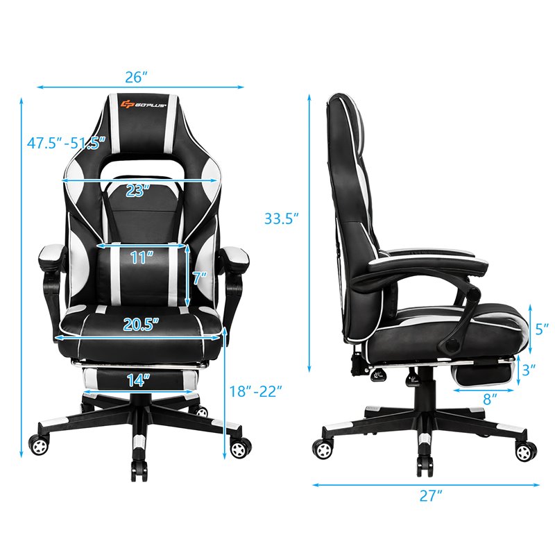 Costway Contemporary PVC and Sponge Massage Gaming Chair with Footrest in White