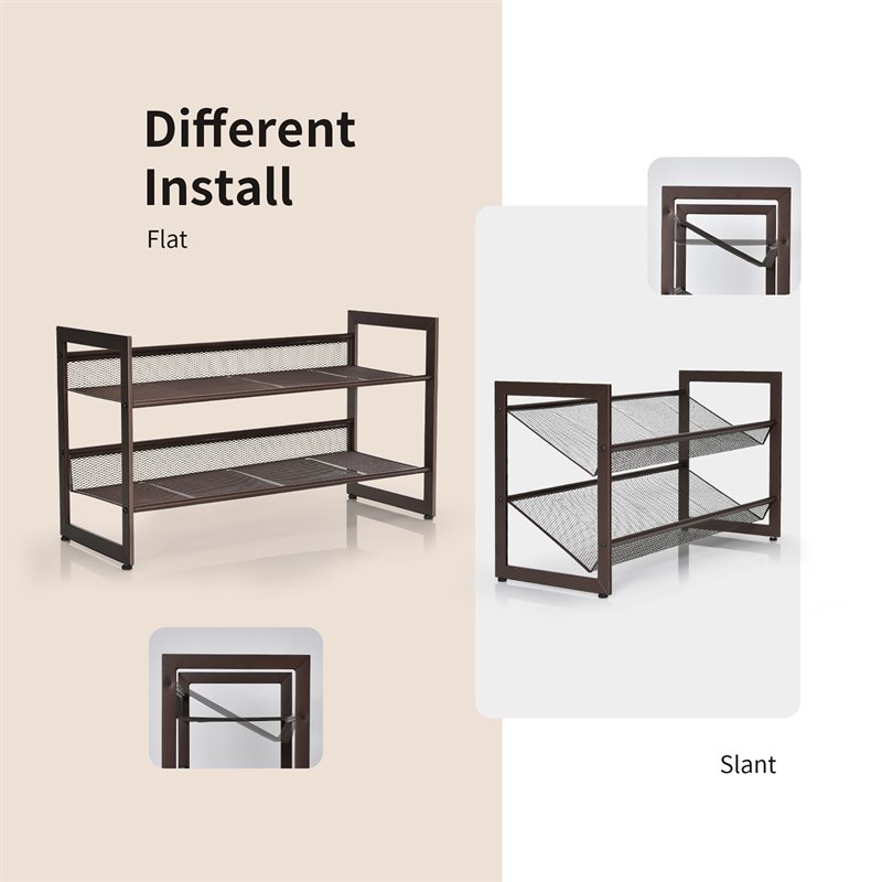 Costway 2-Tier Shoe Rack Adjust to Flat Slant Shoe Organizer Hold Stand in Brown