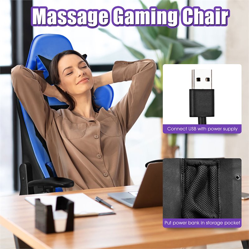 Costway PVC and Sponge Massage Gaming Chair with Footrest in Blue