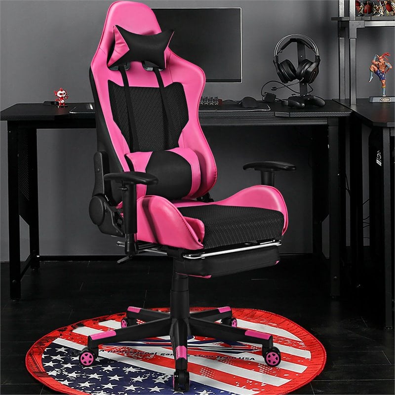 Costway PVC and Sponge Massage Gaming Chair with Footrest in Pink