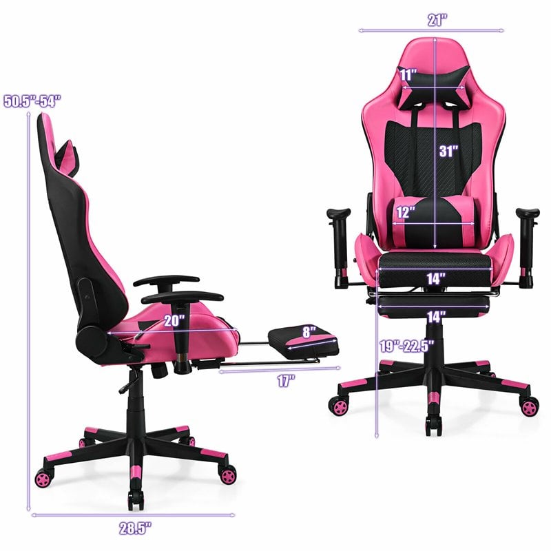 Costway PVC and Sponge Massage Gaming Chair with Footrest in Pink