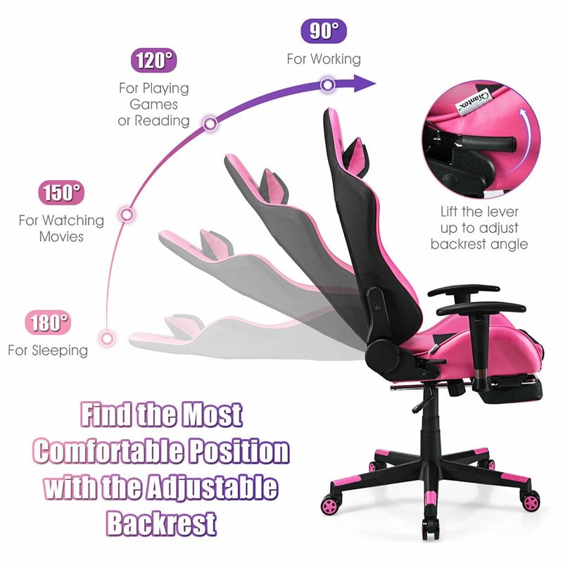 Costway PVC and Sponge Massage Gaming Chair with Footrest in Pink
