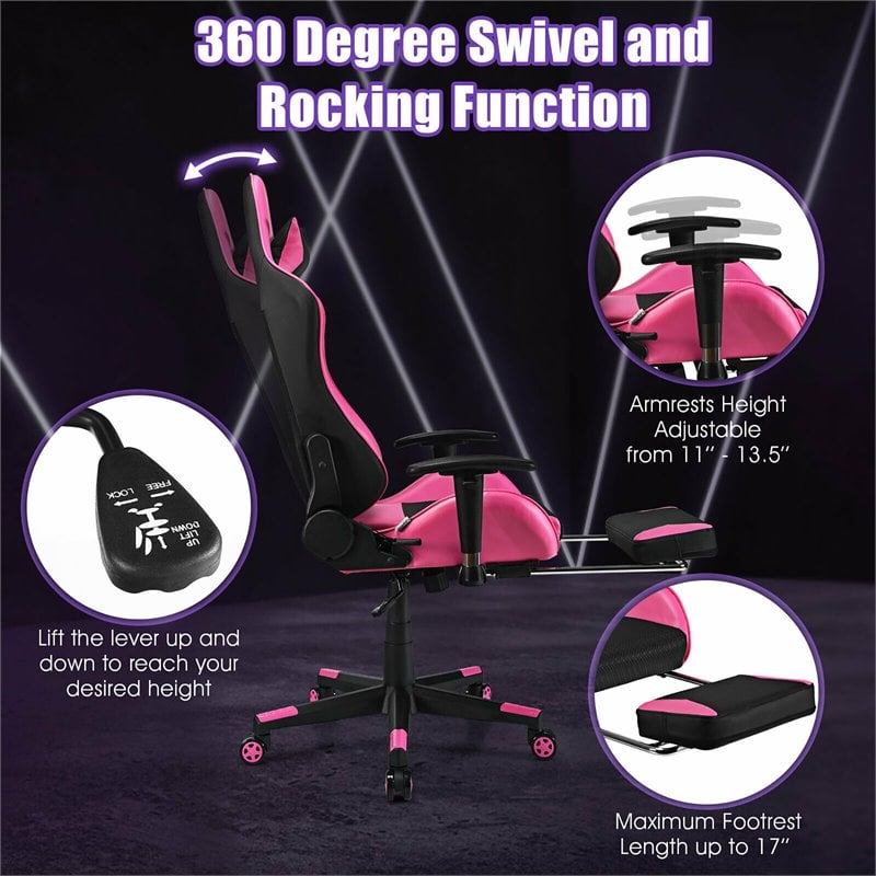 Costway PVC and Sponge Massage Gaming Chair with Footrest in Pink