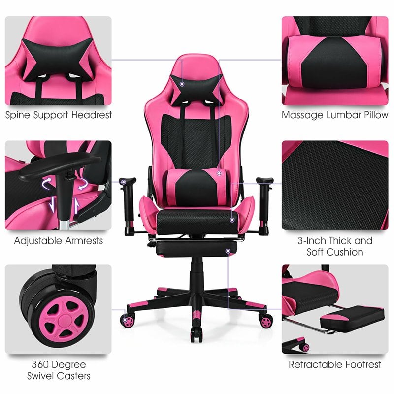 Costway PVC and Sponge Massage Gaming Chair with Footrest in Pink