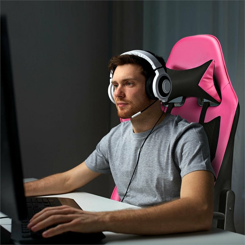 Costway PVC and Sponge Massage Gaming Chair with Footrest in Pink