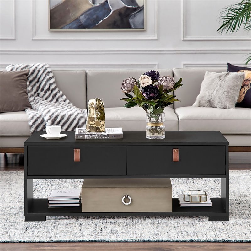 Costway Engineered Wood Coffee Table with 2 Drawers & Storage Shelf in Black