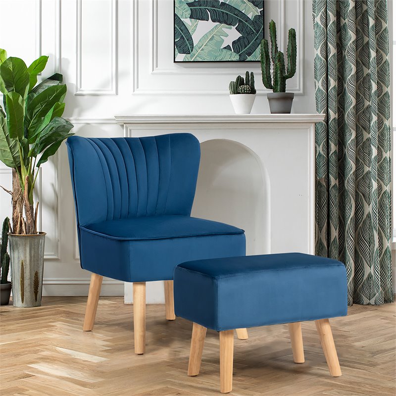 Costway Thick Padded Velvet Tufted Leisure Chair and Ottoman Set in Blue