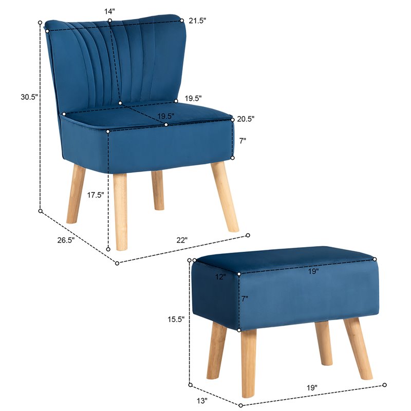 Costway Thick Padded Velvet Tufted Leisure Chair and Ottoman Set in Blue