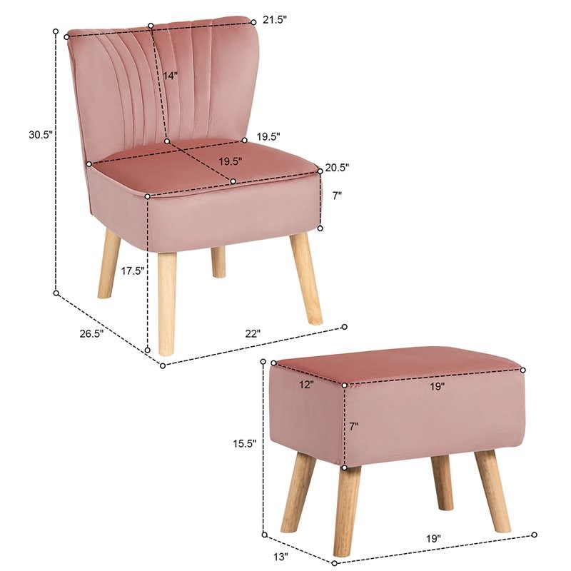 Costway Thick Padded Velvet Tufted Leisure Chair and Ottoman Set in Pink