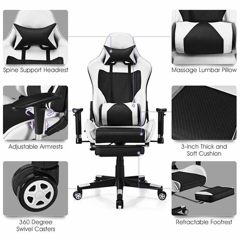 Costway PVC and Sponge Massage Gaming Chair with Footrest in White