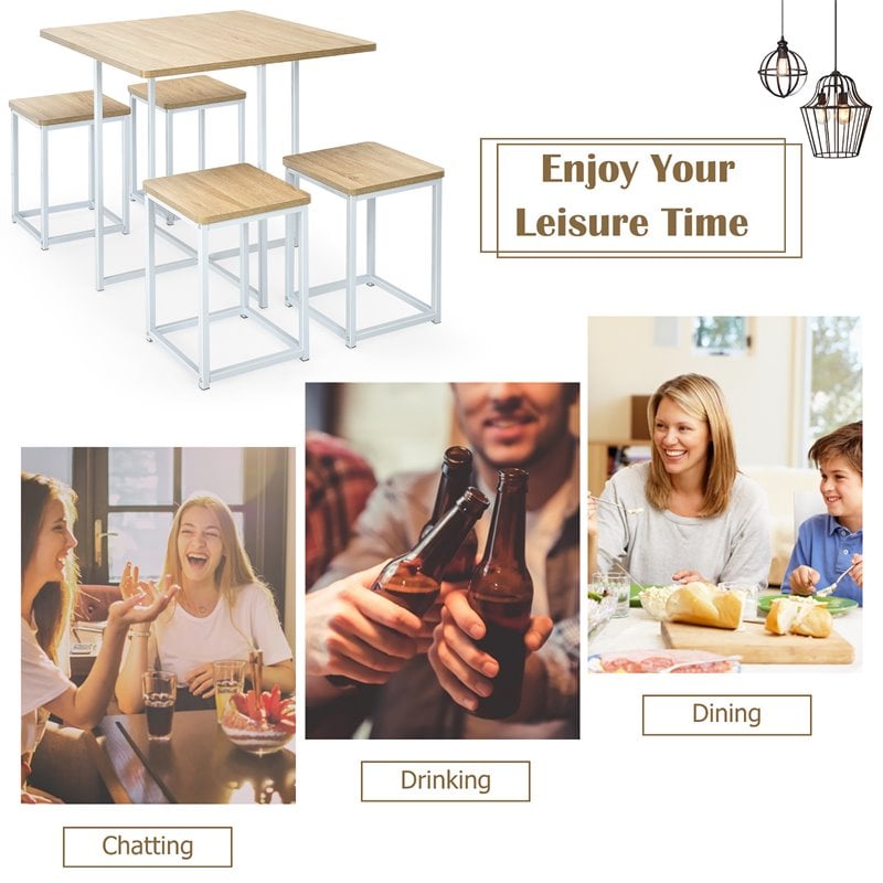 Costway 5-piece Compact Wood Dining Table & 4 Stools in Natural/Vintage White