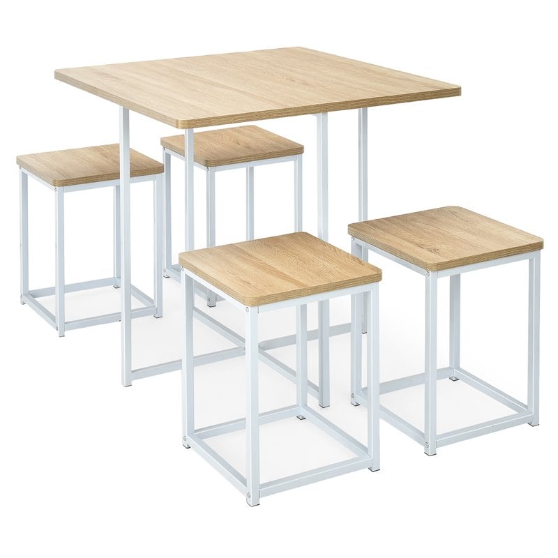 Costway 5-piece Compact Wood Dining Table & 4 Stools in Natural/Vintage White