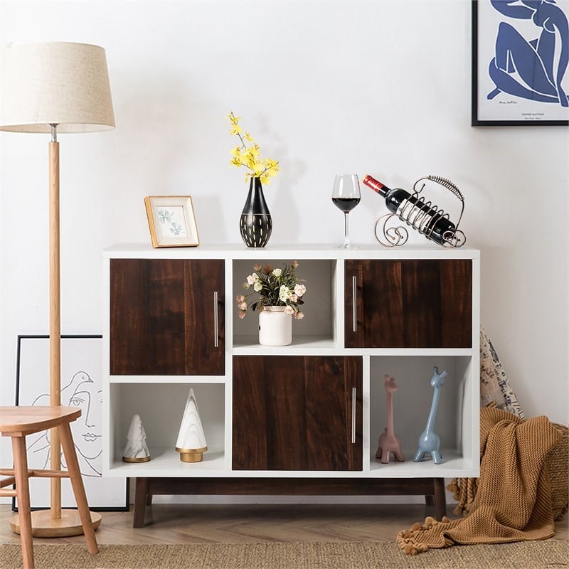 Costway Contemporary Pine Wood Side Board with Door & Shelf in White