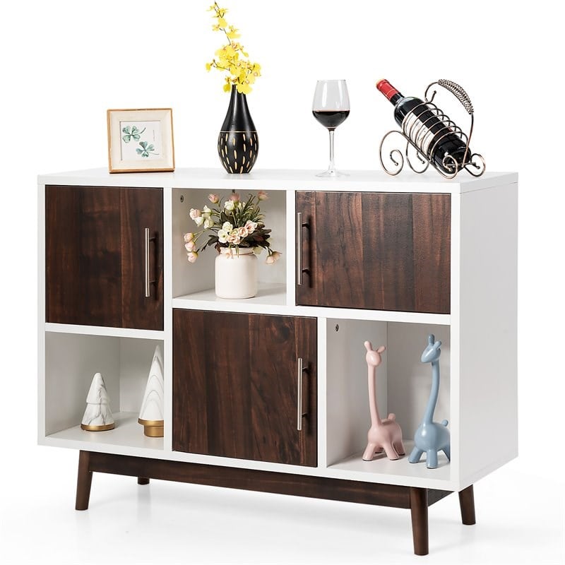 Costway Contemporary Pine Wood Side Board with Door & Shelf in White