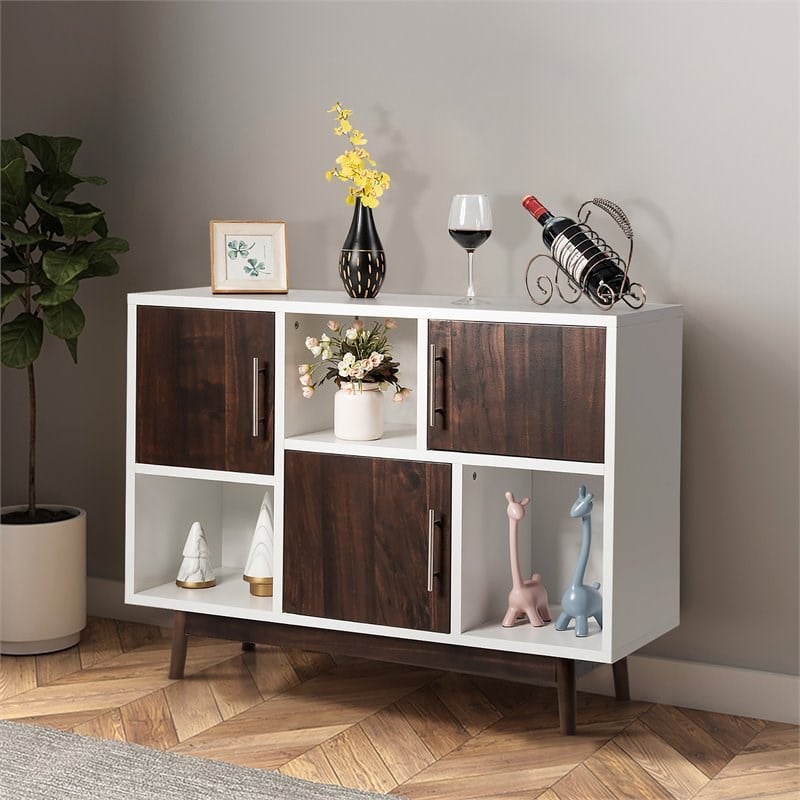 Costway Contemporary Pine Wood Side Board with Door & Shelf in White