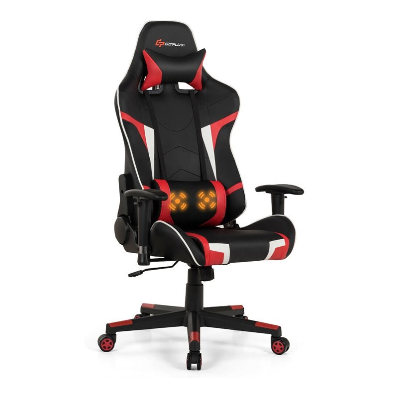 Costway Faux Leather Swivel Massage Gaming Chair with Lumbar Support in Red