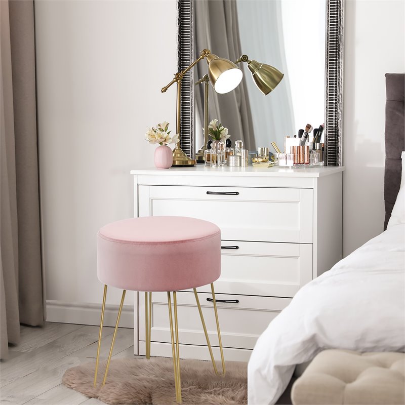 Costway 18'' Round Velvet Ottoman/Footrest Stool/Dressing Chair in Pink